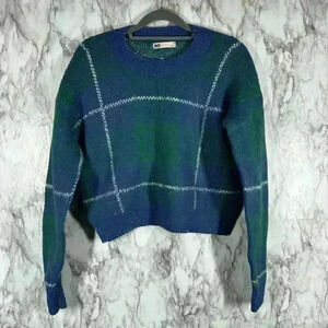 SO Women's Crew Neck Long Sleeve Plaid Faux Fur Pullover Sweater Green/Blue M